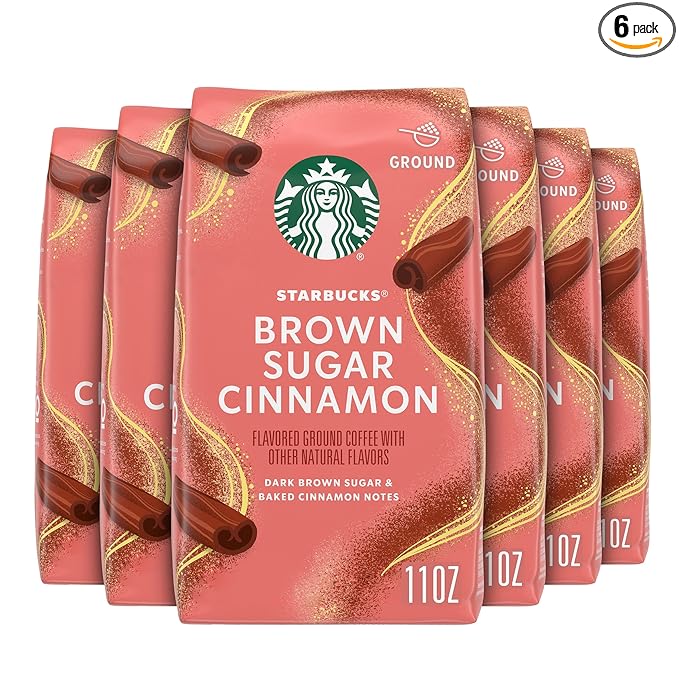 Starbucks Brown Sugar Cinnamon Hot or Iced Coffee Flavored Ground Coffee Six 11 oz Bags