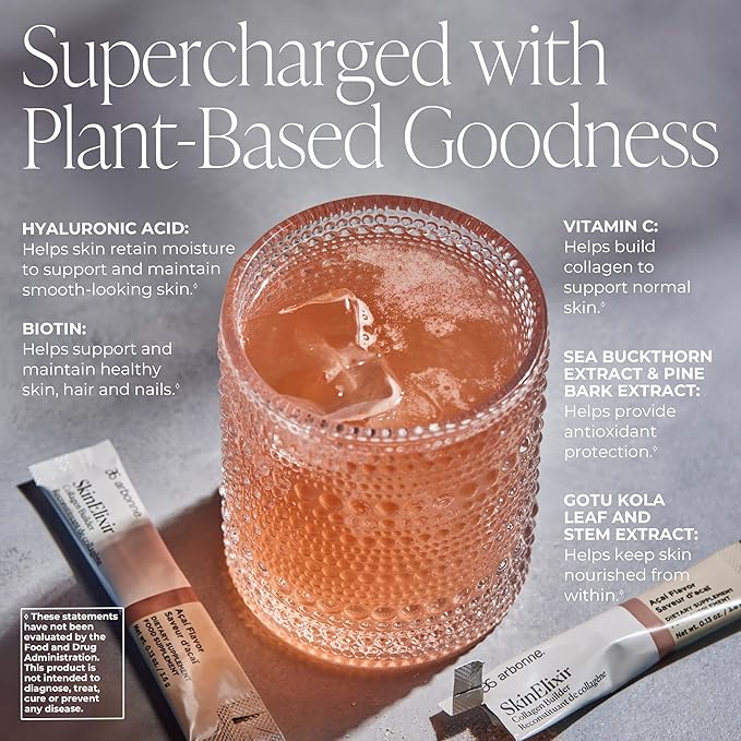 Arbonne SkinElixir Collagen Powder Builder - Açaí-Flavored Vegan Supplement for Women with Hyaluronic Acid Vitamin C Biotin &amp Antioxidants - Supports Healthy Skin Hair &amp Nails - 30 Stick Pa