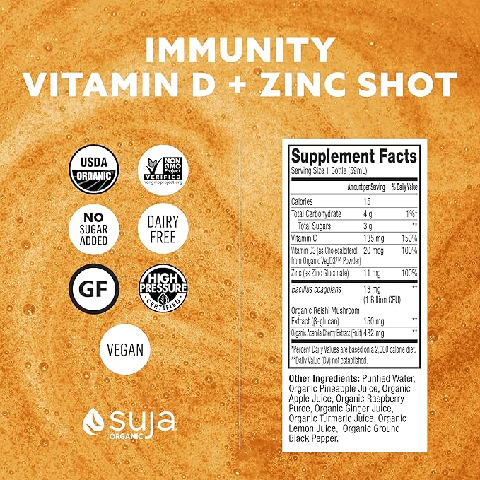 Suja Organic Ginger Turmeric/Reishi/Probiotics/Acerola Cherry to Support Immune Health 100% DV Vitamin D3 &amp Zinc &amp 150% Vitamin C Vitamin D Shot with Zinc 20 Count