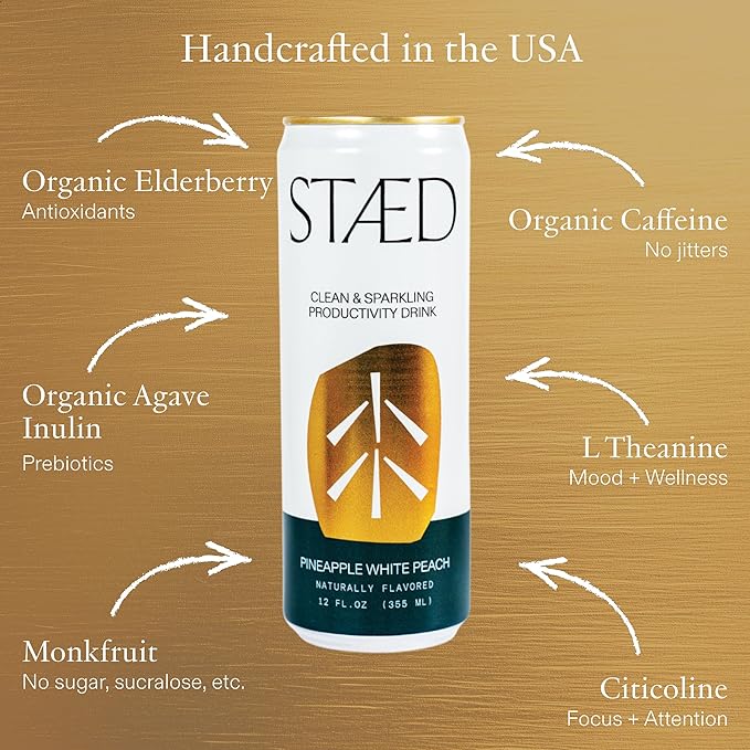 Drink Staed Pineapple White Peach Productivity Drink Sparkling Functional Beverage 12-Pack – With Cognizin® Citicoline &amp L-Theanine Organic Clean Caffeine Healthy Energy Drink