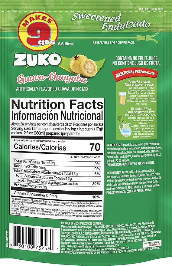 Zuko Guava Instant Powder Drink | Family Pack | No Sugar Needed | Vitamin C | 14.1 Ounce (Pack of 2)
