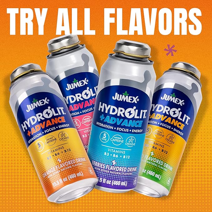 Jumex Hydrolit +Advance Hydration Energy Drinks - 90 Calorie Orange Sports Drinks - Non Carbonated Electrolyte &amp Vitamin Water with Ions Choline B3 B6 B12 &amp Natural Caffeine - 15.5oz 12 P