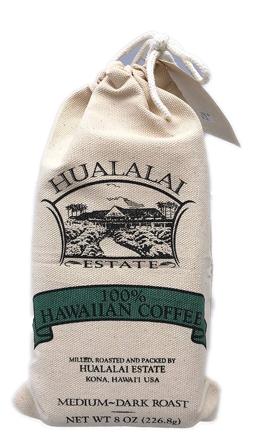 Hualalai Estate Hawaiian Ground Coffee Gift Bag - Medium Dark Roasted Kona Grown Beans - Pesticide-Free Gourmet Grade Premium Coffee (8 oz)