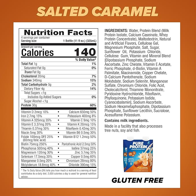 Pure Protein Salted Caramel Shake Ready to Drink and Keto-Friendly Vitamins A C D and E Plus Zinc to Support Immune Health 11 Oz 12 Count