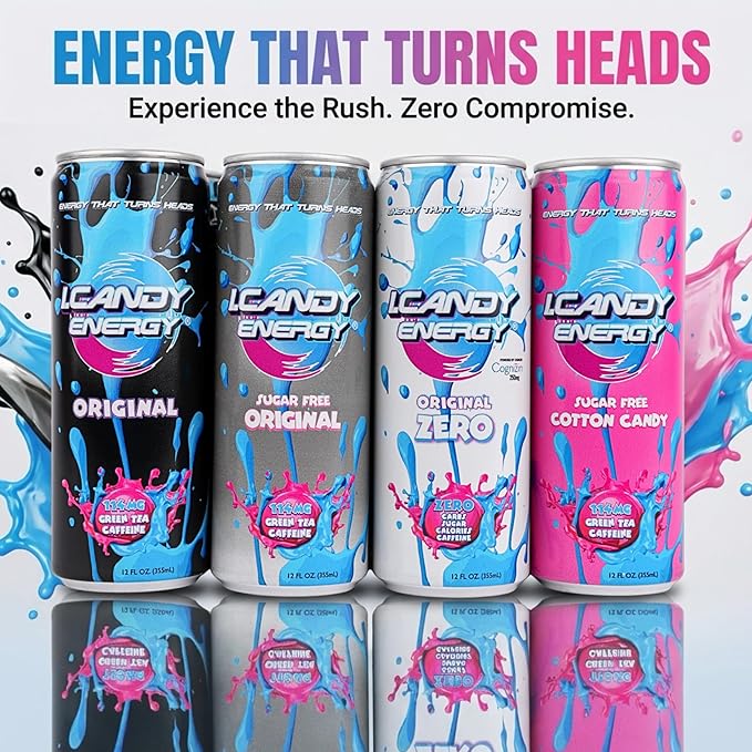 I.CANDY Energy Drink Cotton Candy 24 Pack 12 oz Cans Sugar Free Energy Drinks Bulk Zero Calorie Pink Energy Drink Case 114mg Caffeine Clean Energy