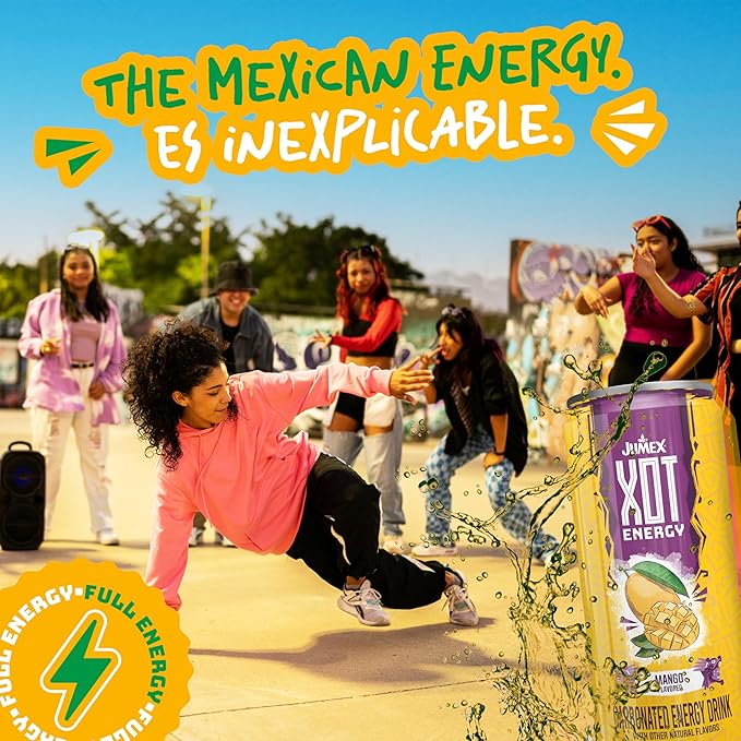 Jumex XOT Energy Drink - Mango - Natural Caffeine from Mexican Coffee Beans - Carbonated Preworkout with Vitamin B2 B3 B5 B12 - Mexican Drinks - Bebidas Energéticas - 12 Fl oz 12 Pack Cans