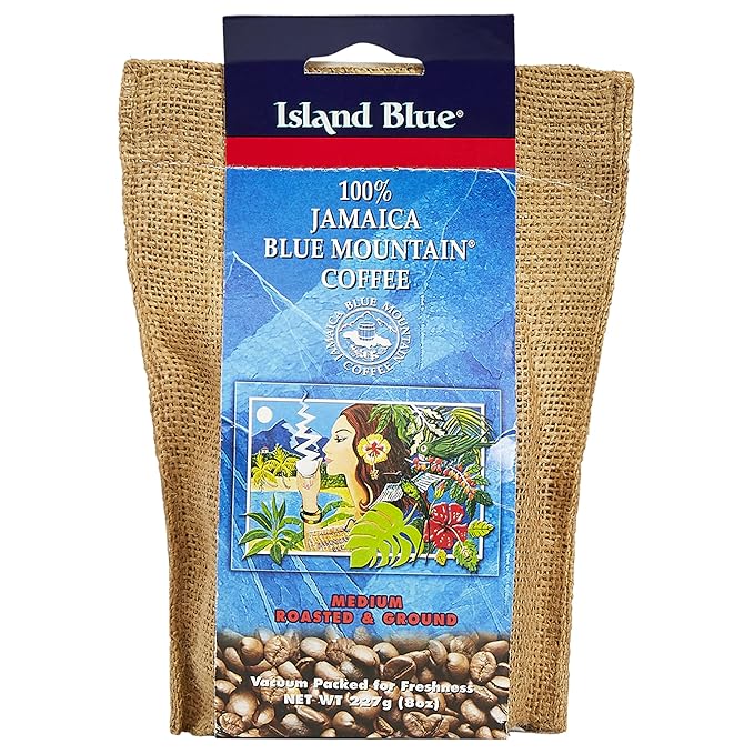 Island Blue 100% Jamaica Blue Mountain Fresh Roasted &amp Ground Coffee Medium Roast Gourmet Coffee Ground Vacuum Packed in a Burlap Bag 8 oz
