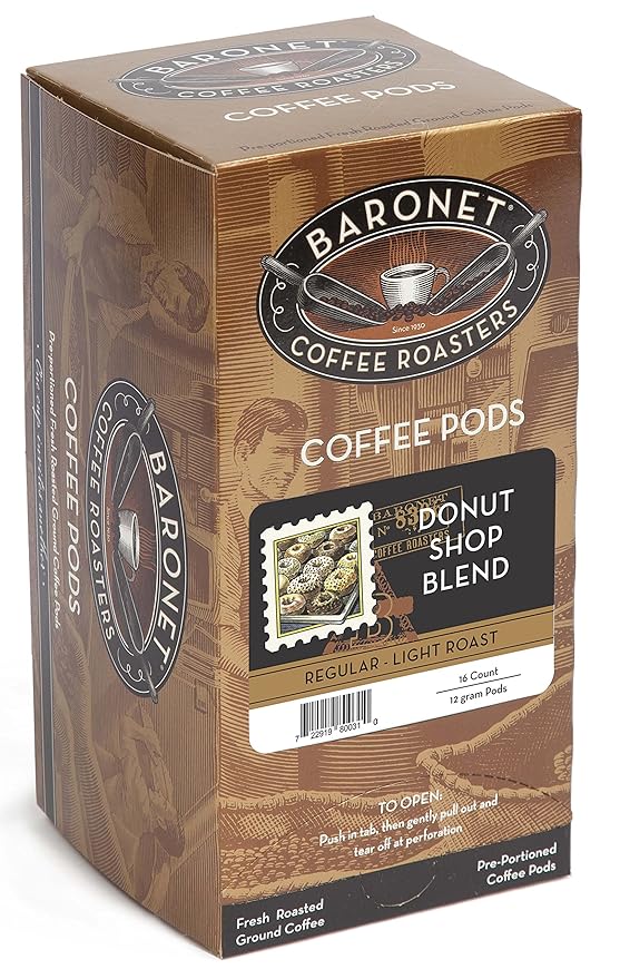 Baronet Coffee Donut Shop Coffee Pods Bag - Regualr Strength Light Roast - 3 Boxes of 16 Single Serve Pods - 48 Count 12 Grams - Individually Wrapped for Freshness - Rich Traditional Flavor