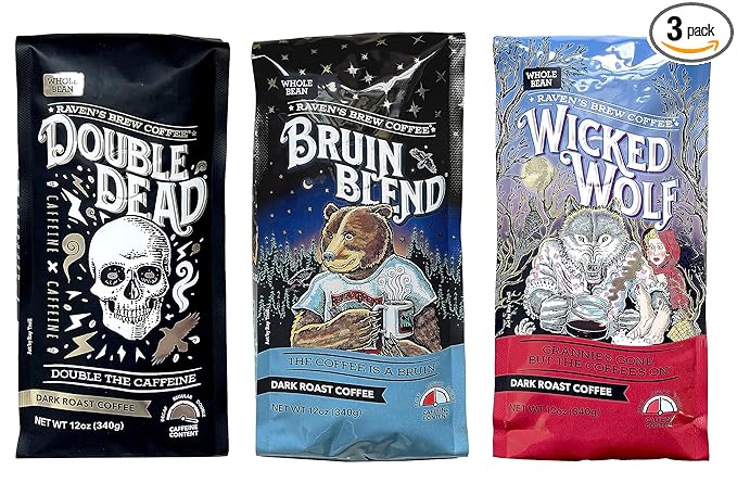 Raven's Brew Whole Bean Coffee Variety Pack - 3 Delicious Flavors - Double Dead Bruin Blend and Wicked Wolf - 12oz each