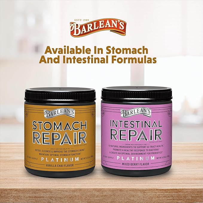 Barlean's Stomach Repair Gut Health Powder Supplement Fiber and Digestive Support Supplements Blend for Detox and Cleanse Vanilla Chai Drink Mix 6.35 oz
