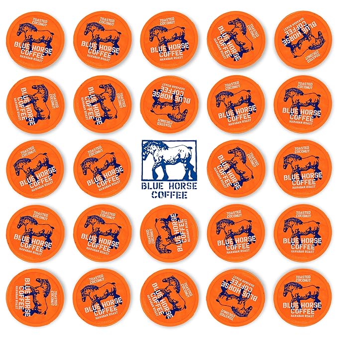Blue Horse 'Gentle Giant' Hawaiian Roast (20% Kona) Coffee Pods - Toasted Coconut - Medium Roast 24ct Single Serve Compatible with K Cups 2.0 Farm Fresh Premium 100% Arabica Beans
