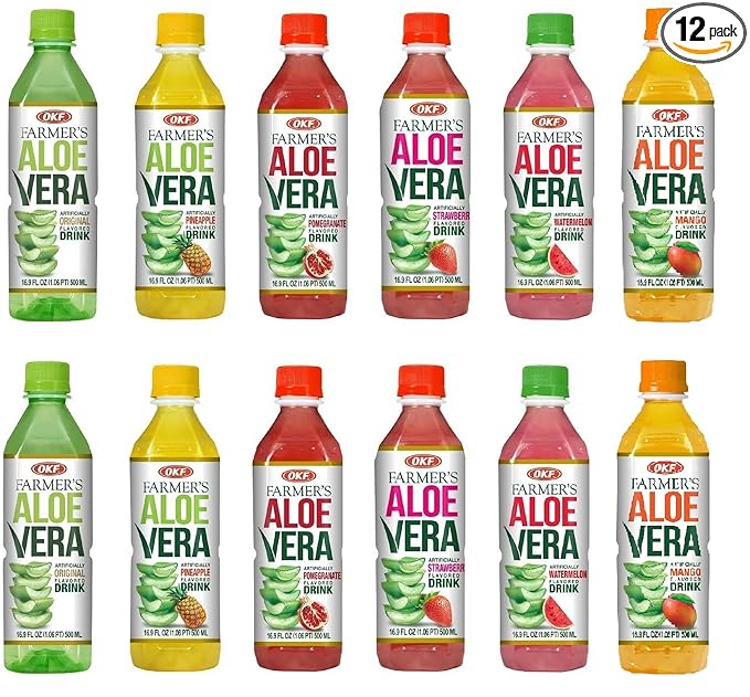 OKF Farmer's Aloe Vera Drink with Pulp Variety Pack includes Original Pineapple Mango Watermelon Pomegranate and Strawberry.(6 Flavor Variety Pack 12 Pack)