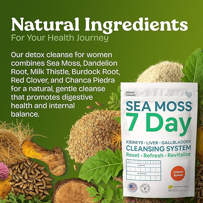 Atlantic Naturals Sea Moss 7 Day Detox Liver Gallbladder &amp Kidney Cleanse - Support with Dandelion Root Milk Thistle Burdock Root Red Clover Chanca Piedra - Pineapple Flavor Drink Mix (14 oz)