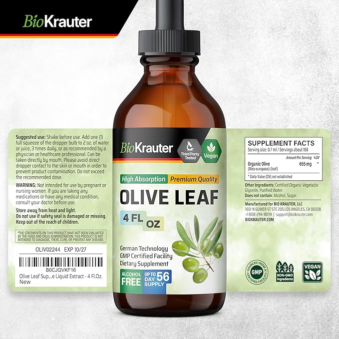 BIO KRAUTER Lemon Balm Tincture 4 Fl. Oz. &amp Olive Leaf Tincture 4 Fl. Oz.