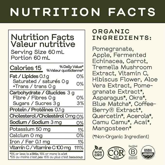 Greenhouse Juice Organic Glow Wellness Shots 12-Count 60ml Glass Bottles Sweet + Tart Pomegranate + Apple Flavor Vegan &amp Gluten-Free
