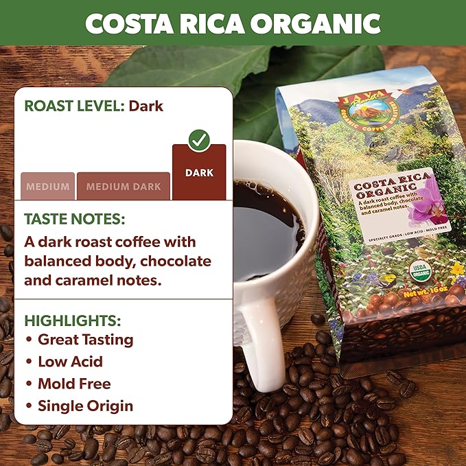 Low Acid Organic Coffee – Whole Bean Mold-Free &amp Stomach Friendly by Java Planet Costa Rican Single Origin Coffee Dark Roast Smooth Full Flavored 2x1LB Bag