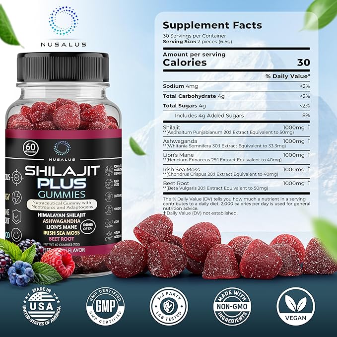 Shilajit Plus Gummies – 5-in-1 Adaptogen Energy &amp Focus Supplement | Shilajit Ashwagandha Lion’s Mane Sea Moss &amp Beet Root | Natural Energy &amp Stress Support | Made in USA Vegan 60ct