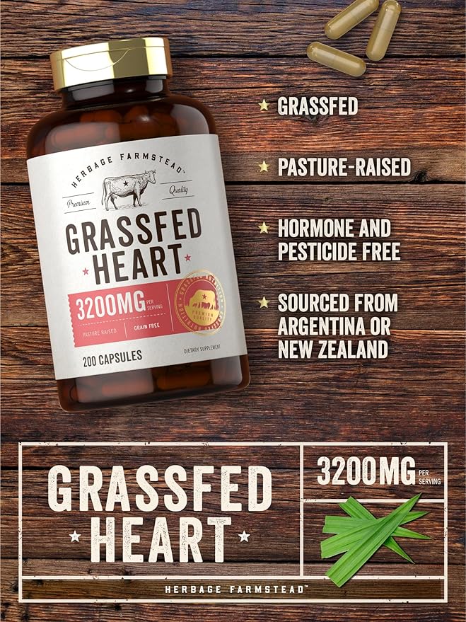 Carlyle Grass Fed Beef Heart Supplement | 3200mg | 200 Count | Desiccated Pasture Raised Bovine Capsules | Non-GMO Gluten Free | by Herbage Farmstead