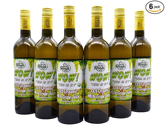 De La Rosa Organic White Grape Juice Kosher Non-GMO &amp Gluten Free No Preservatives or Sulfites Vegan White Grape Juice 25.4 Oz Glass Bottle (Pack of 6)