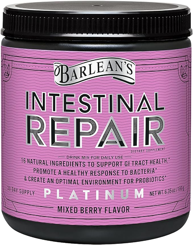 Barlean's Gut Health Powder Intestinal Repair Fiber and Digestive Support Blend for Men and Women Mixed Berry Drink Mix 6.35 oz