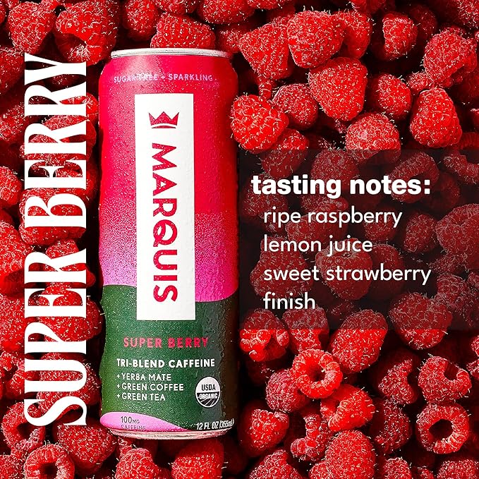 Marquis Natural Energy Drinks Sugar Free Zero Calories - 100mg Organic Plant Based Caffeine Yerba Mate Green Tea &amp Green Coffee - Vitamin C &amp Bs - Super Berry Healthy Energy Drink - 12oz Cans
