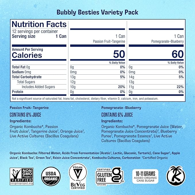 Health-Ade Bubbly Besties Kombucha Tea Organic Drink Fermented Tea with Living Probiotics Non-GMO Vegan Gluten Free 12 Pack (11.5 Fl Oz Cans)