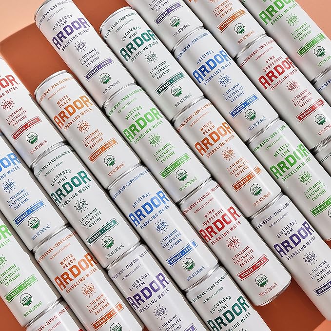 Ardor Organic Sparkling Water Variety Pack 12 oz can (12 pack) 6 flavor variety - Mexican Lime/Pink Grapefruit/White Peach/Blueberry Pom/Cucumber Mint/Original