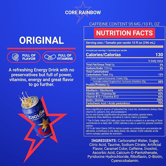 Ciclon Original Energy Drink – 24 Pack 10 fl oz Cans – Smooth Refreshing Taste with 95mg Caffeine B Vitamins &amp Taurine – No Preservatives Premium Energy for Work Study &amp Sports