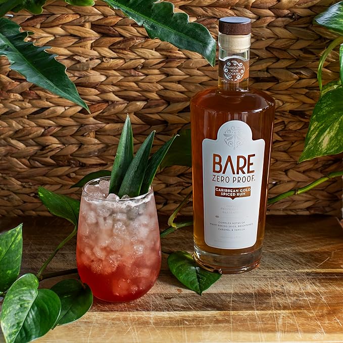 BARE Zero Proof® Caribbean Gold Spiced Rum Alternative – Non-Alcoholic Rum-Inspired Spirit for Craft Cocktails – Alcohol-Free Spiced Blend with Molasses Caramel &amp Vanilla – Low-Cal NA Beverage