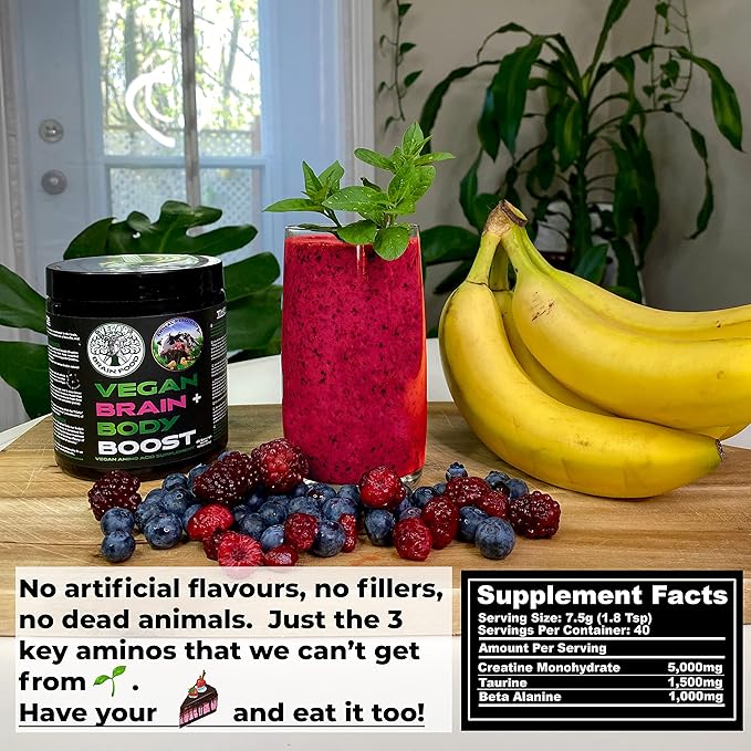 Vegan Brain &amp Body Boost: The Cherry On Top of A Plant-Based Lifestyle | Working Intelligence | Anti-Aging | Physical Fitness | Vegan Amino Acids - Creatine Taurine &amp Beta Alanine | 40 Servin