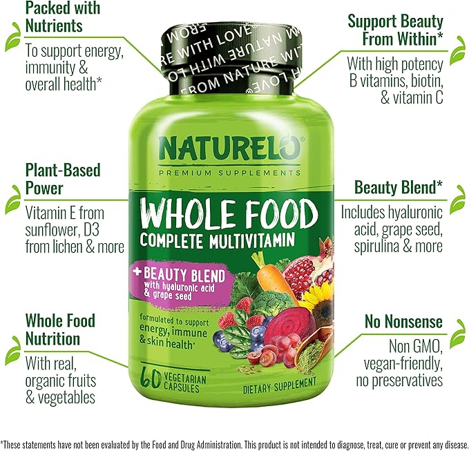 NATURELO Whole Food Beauty Multivitamin 60 Count Collagen Peptide Powder 45 Servings