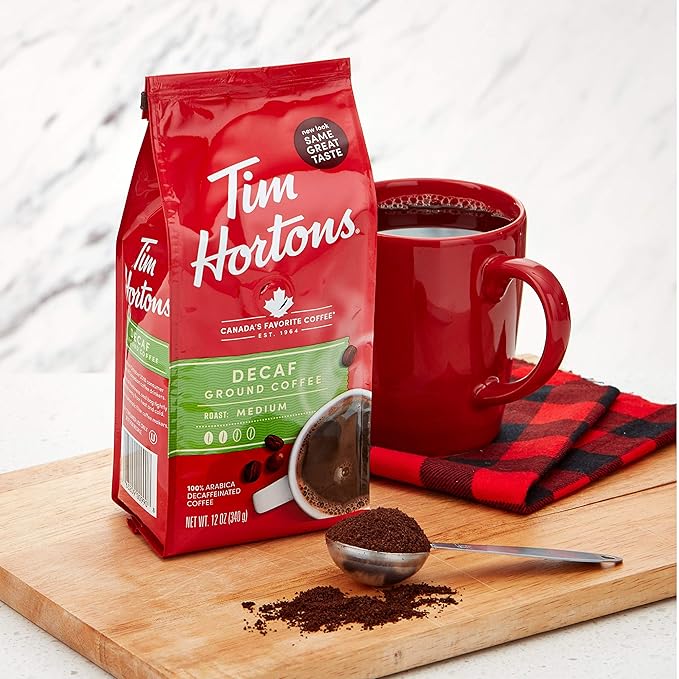 Tim Hortons Decaf Blend Medium Roast Ground Coffee Perfectly Balanced Always Smooth Made with 100% Arabica Beans 72 Ounce (6 x 12 oz Bags)