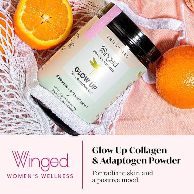 Winged Wellness Glow Up Collagen Powder for Women - Hair Skin &amp Nails Beauty Supplement with Grass-Fed Hydrolyzed Collagen Peptides Adaptogens Vitamin C &amp Biotin - 25 Servings Unflavored