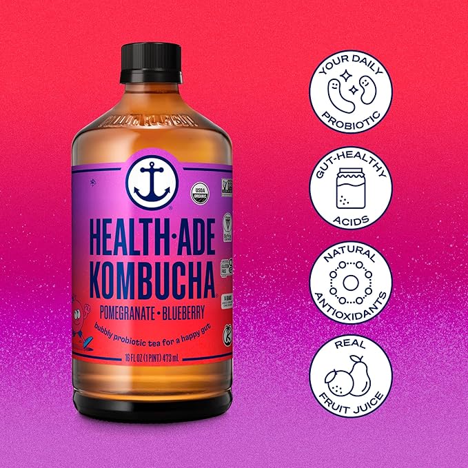 Health-Ade Kombucha Tea Organic Drink Fermented Tea with Living Probiotics Detoxifying Acids Supports Gut Health Non-GMO Vegan Gluten Free 12 Pack (16 Fl Oz Bottles) Pomegranate Blueberry