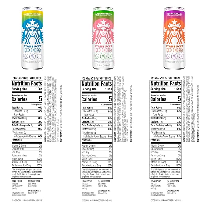 Starbucks Iced Energy Drink 3 Flavor Variety Pack (Tropical Peach Watermelon Splash Blueberry Lemonade) Zero Sugar Energy Drink Plant Based Caffeine Hydration Mental Clarity 12x12 Fl Oz Cans