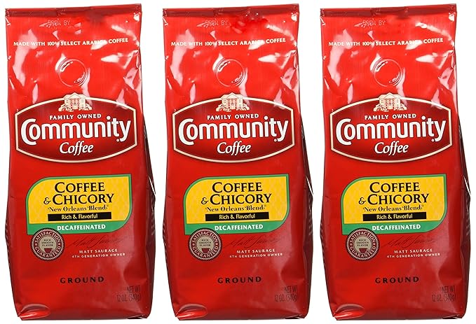 Community Coffee Coffee and Chicory Decaf 36 Ounces Medium Dark Roast Ground Coffee 12 Ounce Bag (Pack of 3)