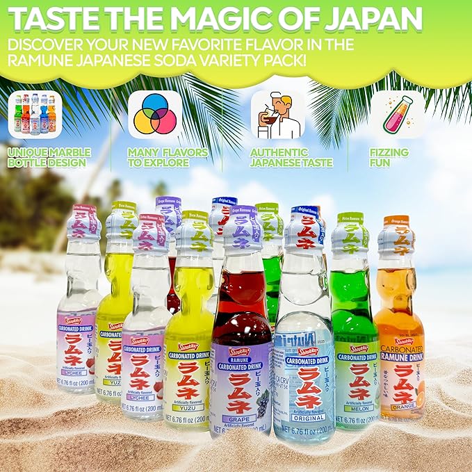 Ramune Japanese Soda Soft Drinks - Sparkling Beverage for Parties Original Yuzu Grape Orange Melon Lychee Flavored Soda Drinks Refreshing Japanese Marble Soda (12 Pack 2 of each flavor)