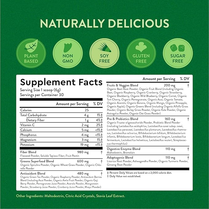 360 Nutrition Super Greens Powder with Probiotics &amp Digestive Enzymes Sugar &amp Gluten Free Plant-Based Superfood for Gut Health Immunity - 6.35 oz