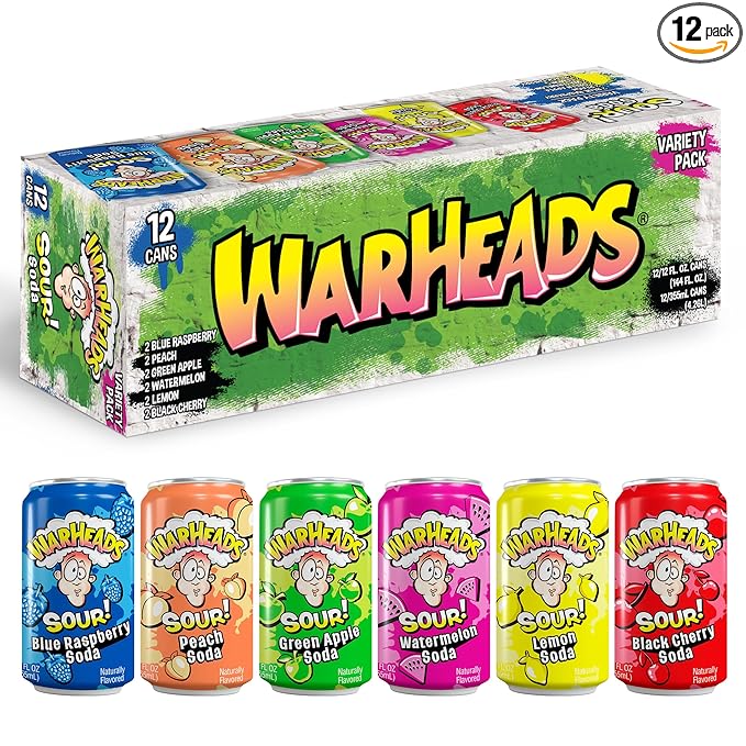 Sour Fruity Soda with Classic Warheads Flavors – Perfectly Balanced Sweet and Sour Soda - Warheads Candy Throwback Treat Soda Cocktail Mixer Pack of 12 12oz Cans (Variety Pack)
