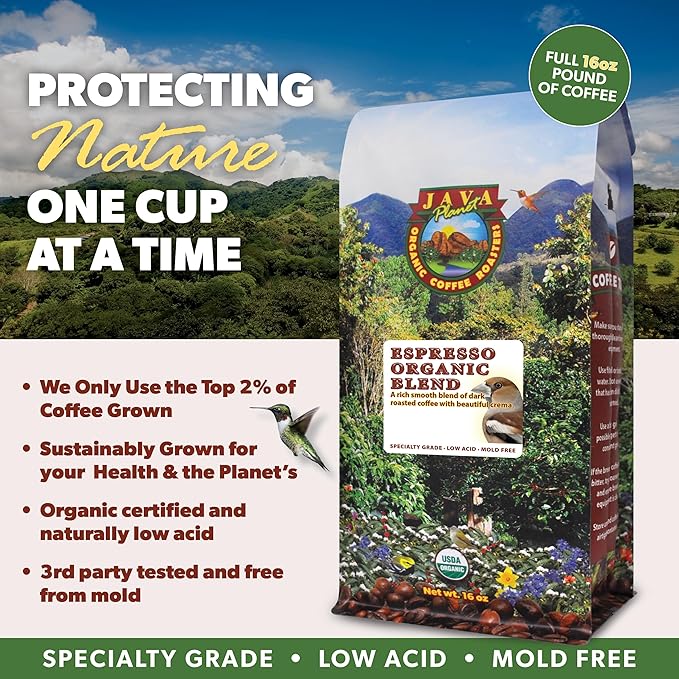 Low Acid Organic Coffee – Whole Bean Mold-Free &amp Stomach Friendly by Java Planet Espresso Blend Coffee Dark Roast Smooth Full Flavored 1LB Bag