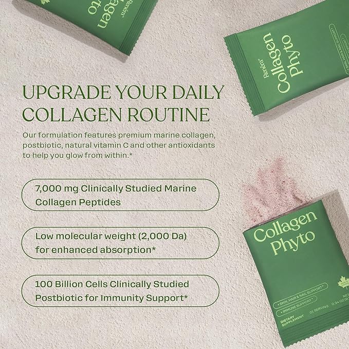 Renéra - Collagen Phyto Powder with Marine Collagen Peptides &amp Postbiotic Clinically Studied Ingredients for Healthy Skin Hair Nails and Immunity Healthy Aging Support* - 12 Packets