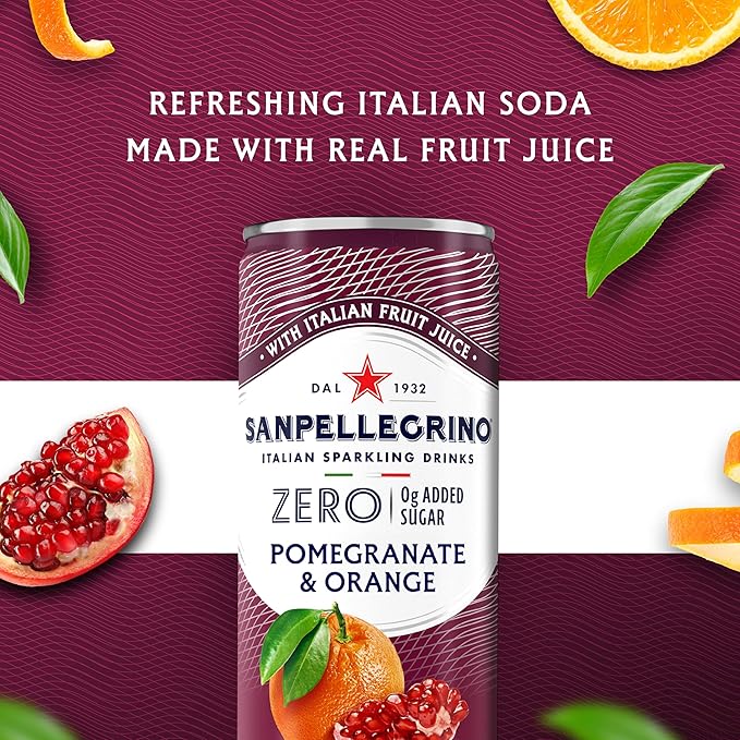 Sanpellegrino Zero Grams Added Sugar Pomegranate &amp Orange Italian Sparkling Drink 24 Pack Of 11.15 Fl Oz Cans Sanpellegrino Italian Sparkling Drinks Low-Calorie Fruit Juice Beverages