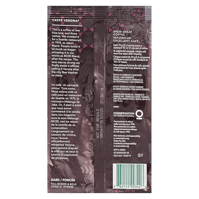 Starbucks Verona Portion Pack 72 Individually Wrapped Packs of 2.5 oz. (180 total oz.)