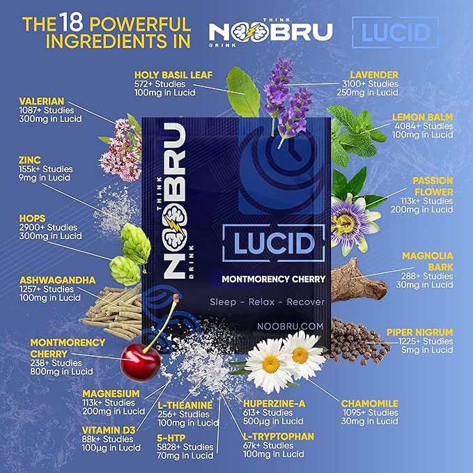 Noobru Lucid Nootropic Sleep Powder Drink for Deep Quality Dream Sleep with Magnesium Ashwagandha Valerian Lemon Balm and Vitamin D for Deep Quality Sleep Stress and Restoration.