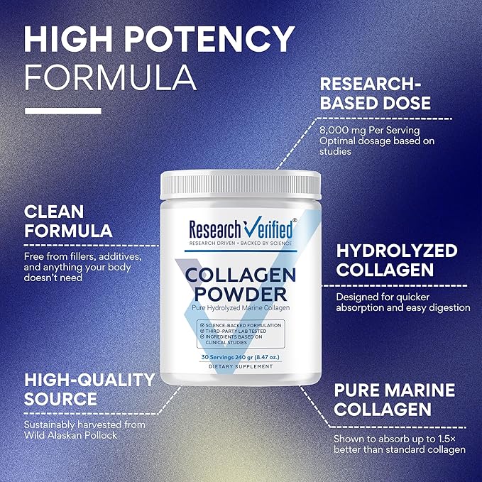 Research Verified® Collagen Powder - Hydrolyzed Marine Collagen Peptides - Unflavored - Skin Hydration and Elasticity Muscle Recovery Non GMO - 30 Scoops Per Container - 1 Month Supply