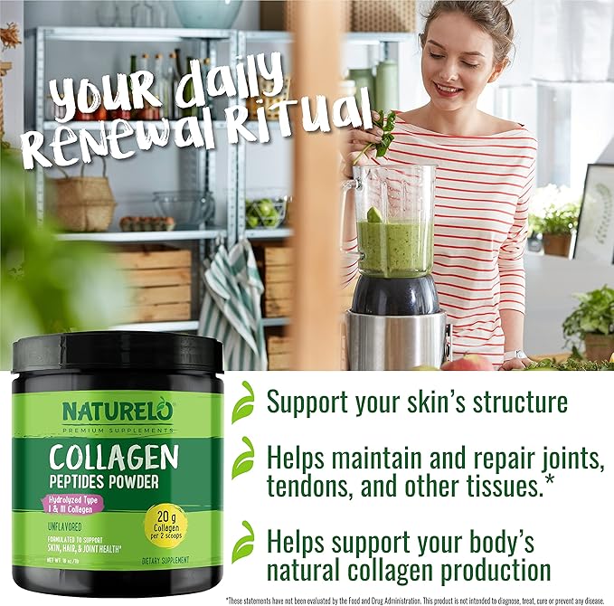 NATURELO Collagen Peptide Powder Hydrolyzed Collagen Type I &amp III Skin Hair &amp Joint Health - Unflavored 16 Ounces | 45 Servings