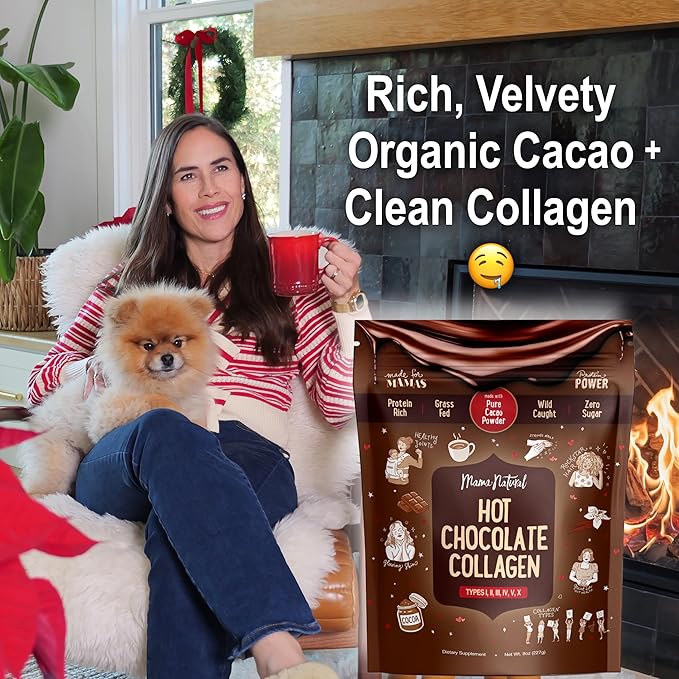 Mama Natural Hot Chocolate Multi Collagen Protein Powder Made with Organic Cacao Types 1 2 3 4 5 10 Collagen Peptides Powder - Grass Fed Beef Wild Fish Marine &amp USA Eggshell - 16 Servings