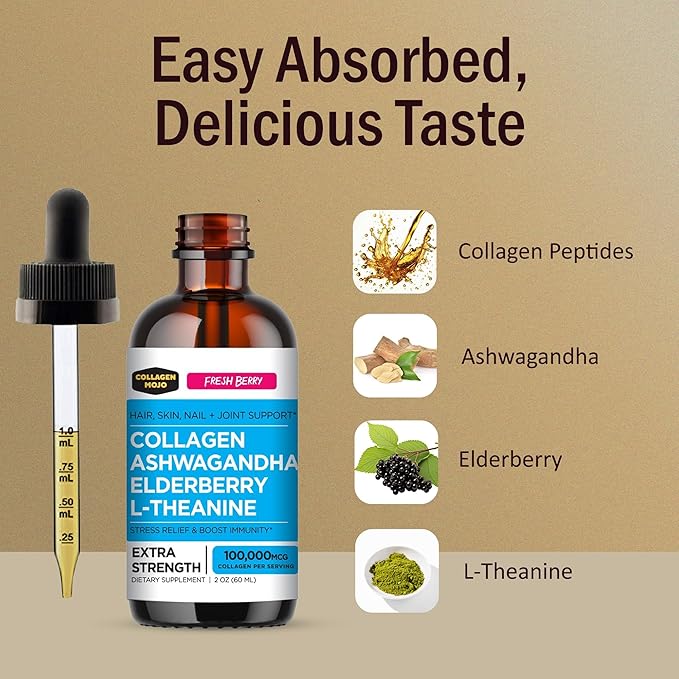 Collagen Mojo Liquid Collagen Peptides with Sea Moss Burdock Root &amp Bladderwrack + Ashwagandha Elderberry &amp L-Theanine + Lions Mane Mushroom Elderberry &amp L-Theanine