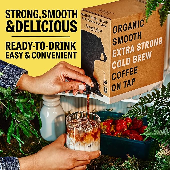 Wandering Bear Extra Strong Organic Cold Brew Coffee On Tap Straight Black 128 fl oz (1 gallon) - 2 Pack - Smooth Unsweetened Shelf-Stable and Ready to Drink &amp Vegan Cold Brew
