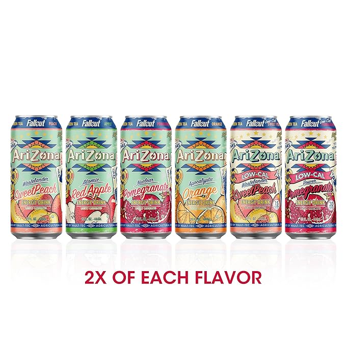 AriZona x Fallout Green Tea Energy Drink Variety Pack - 6 Flavors 15 fl oz (Pack of 12) - 190mg Caffeine per Can